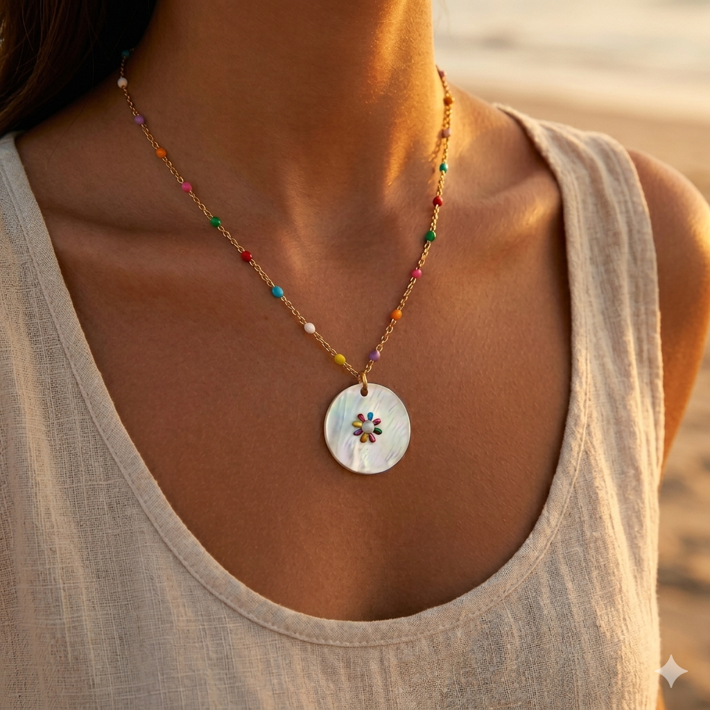 Collier doré médaillon et pastilles émaillées multicolores –