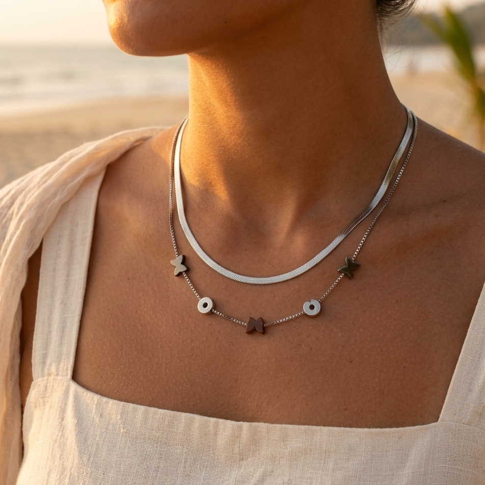 Stainless steel silver-plated double chain necklace with Venetian mirror mesh, butterflies, and thin rhinestone rondelles