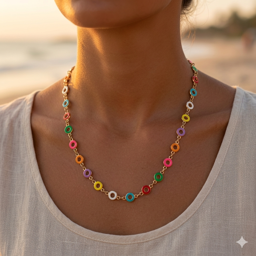 "Good Vibes" gold necklace – Multicolored enamel beads, stainless steel