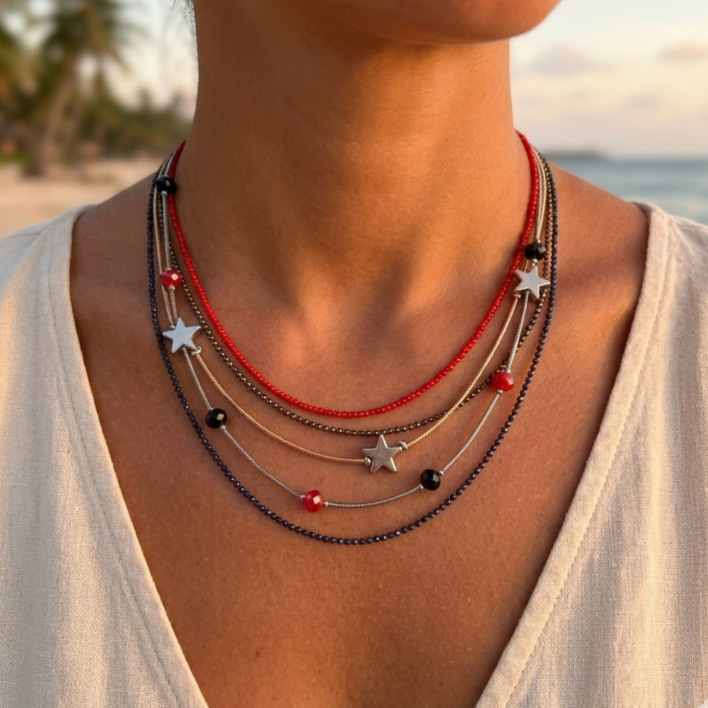 Multi-strand silver-plated steel necklace with star pendant – Fine chains & colorful beads