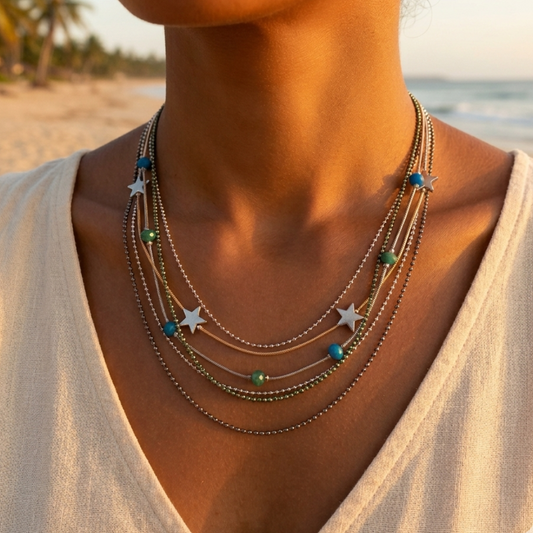 Multi-strand silver-plated steel necklace with star pendant – Thin chains & blue beads