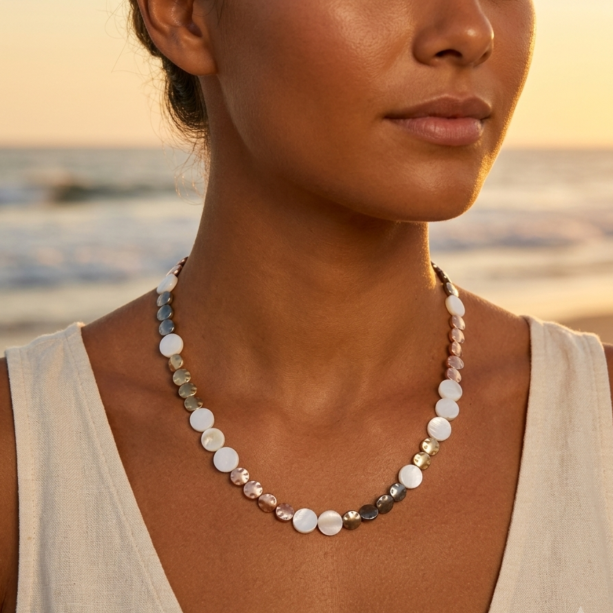 Collier nacré médaillons effet marbre argent et doré – boutons nacre