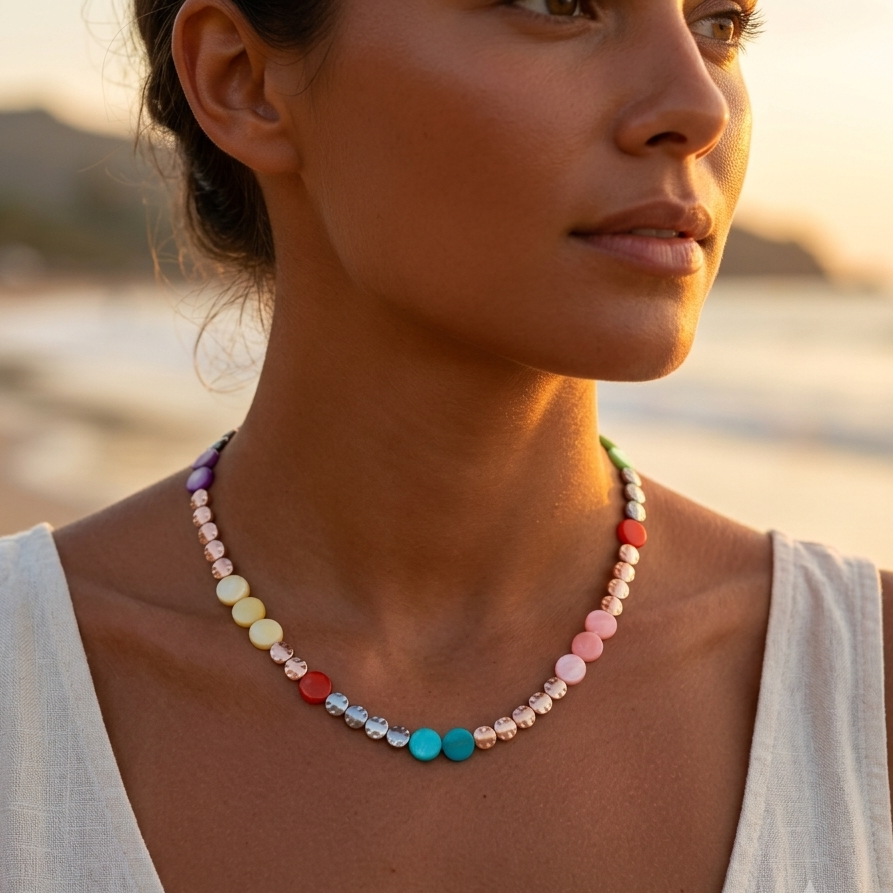 Collier nacre multicolore boutons ronds & métal martelé