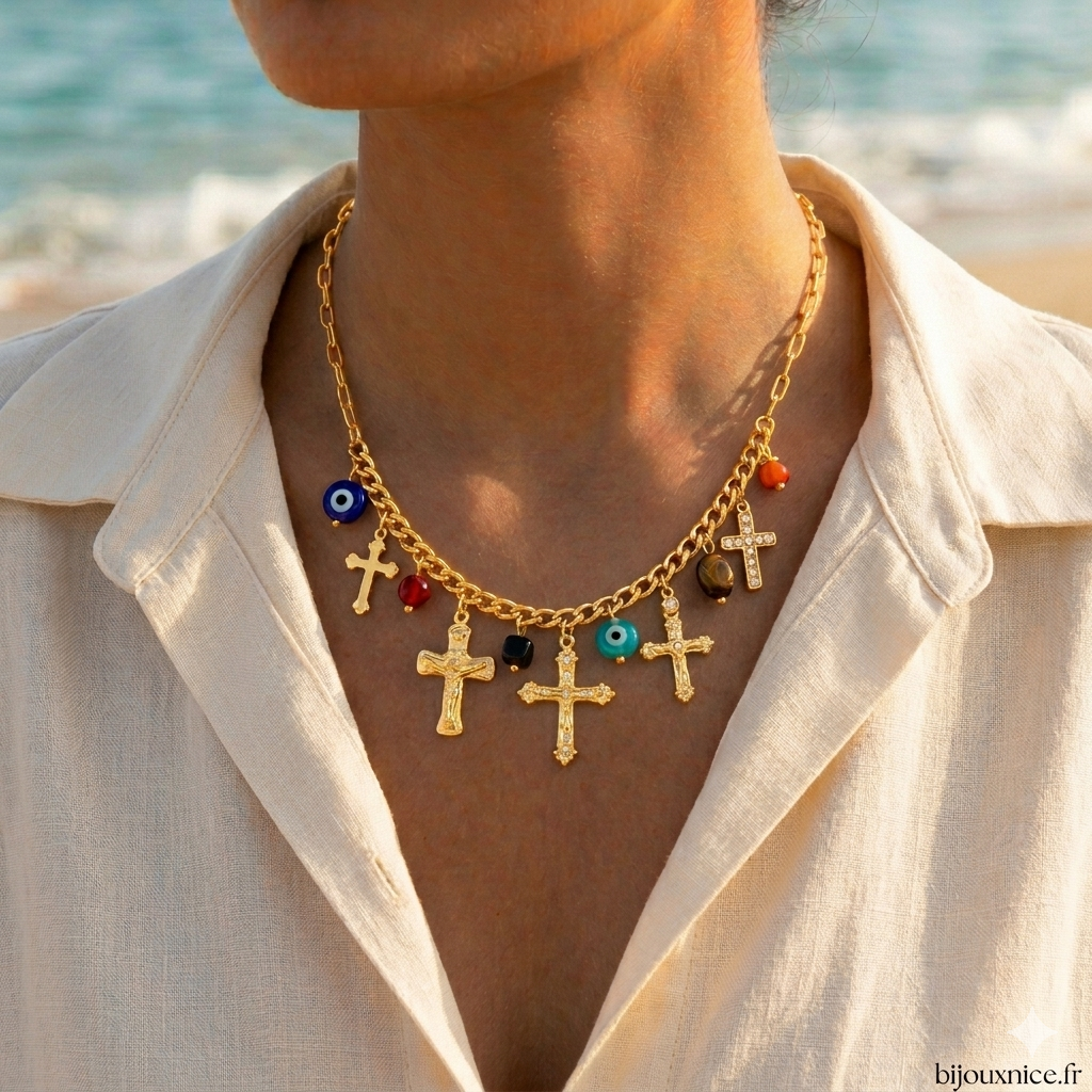 Gold-plated necklace with cross and tassel charms – stainless steel and natural stones