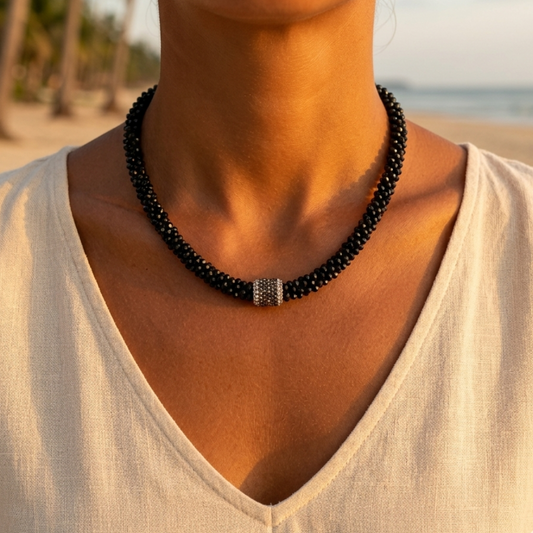 Magnetic necklace with crystal beads and magnetic rhinestone tube pendant