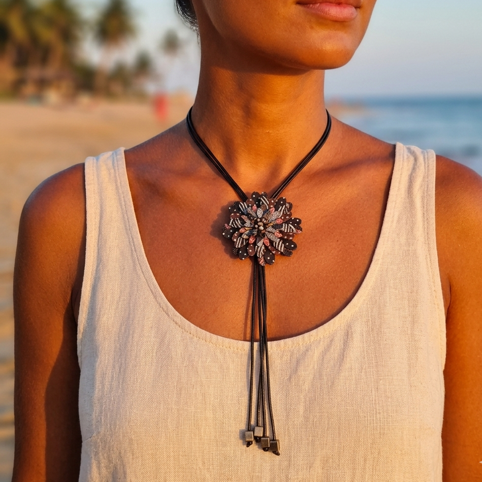 Long necklace with double waxed cotton cord, fabric flower petals, cube metal beads. Long necklace with fabric flower petals, silver-plated cube metal beads – double black waxed cotton cord.