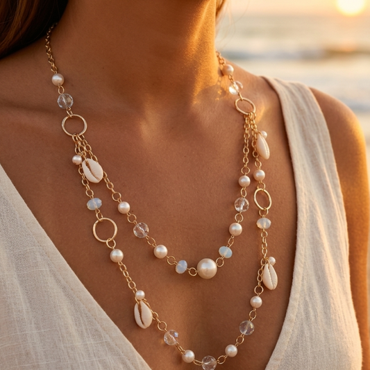 Double strand necklace gold chain fancy links freshwater pearls