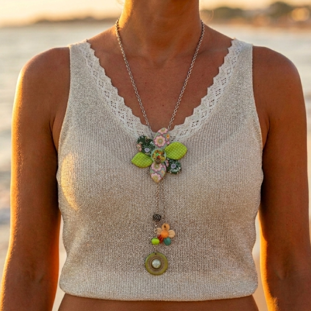 Long bohemian necklace, silver-plated cable chain with metal flower – green pendant