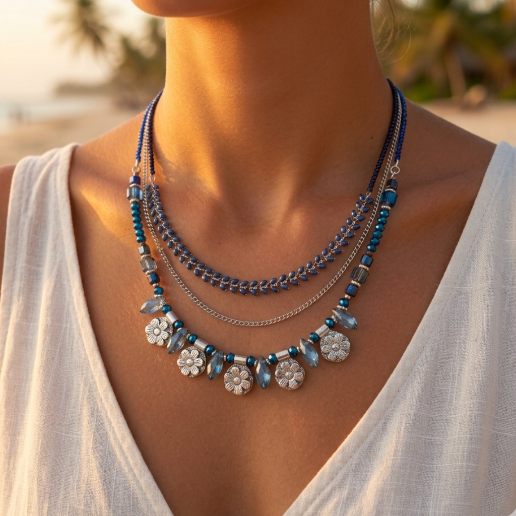 Adjustable gold-plated stainless steel necklace with blue enamel – coffee bean chain and beads