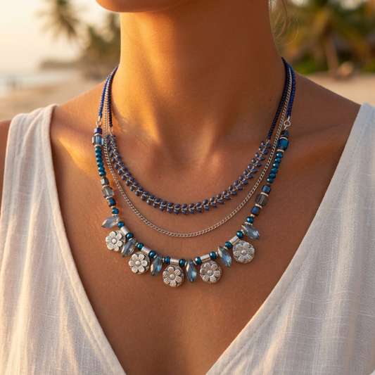 Adjustable gold-plated stainless steel necklace with blue enamel – coffee bean chain and beads