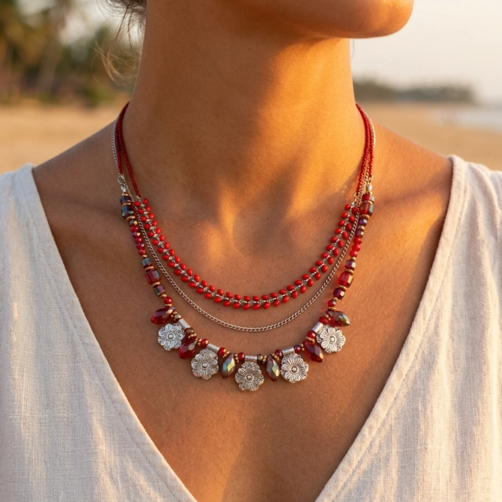 Adjustable stainless steel necklace with red enamel