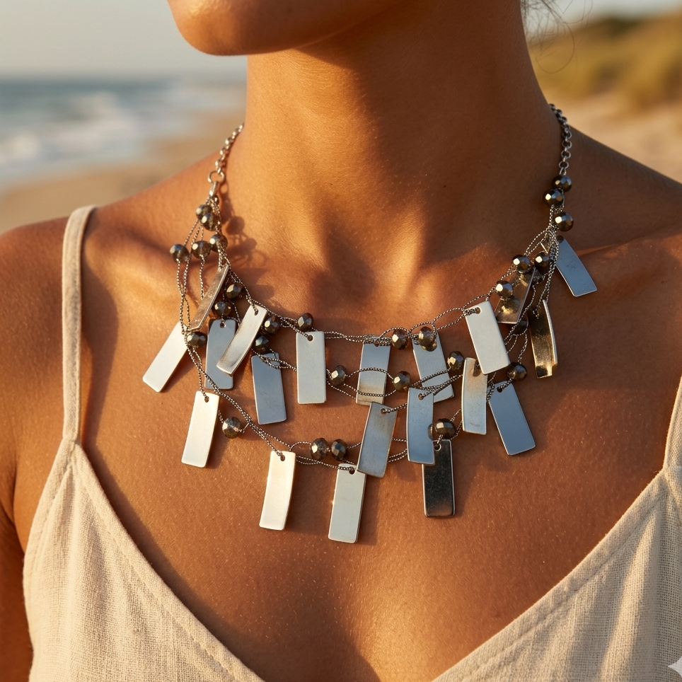 Triple strand silver-plated necklace with delicate chains, faceted beads, and metallic pieces