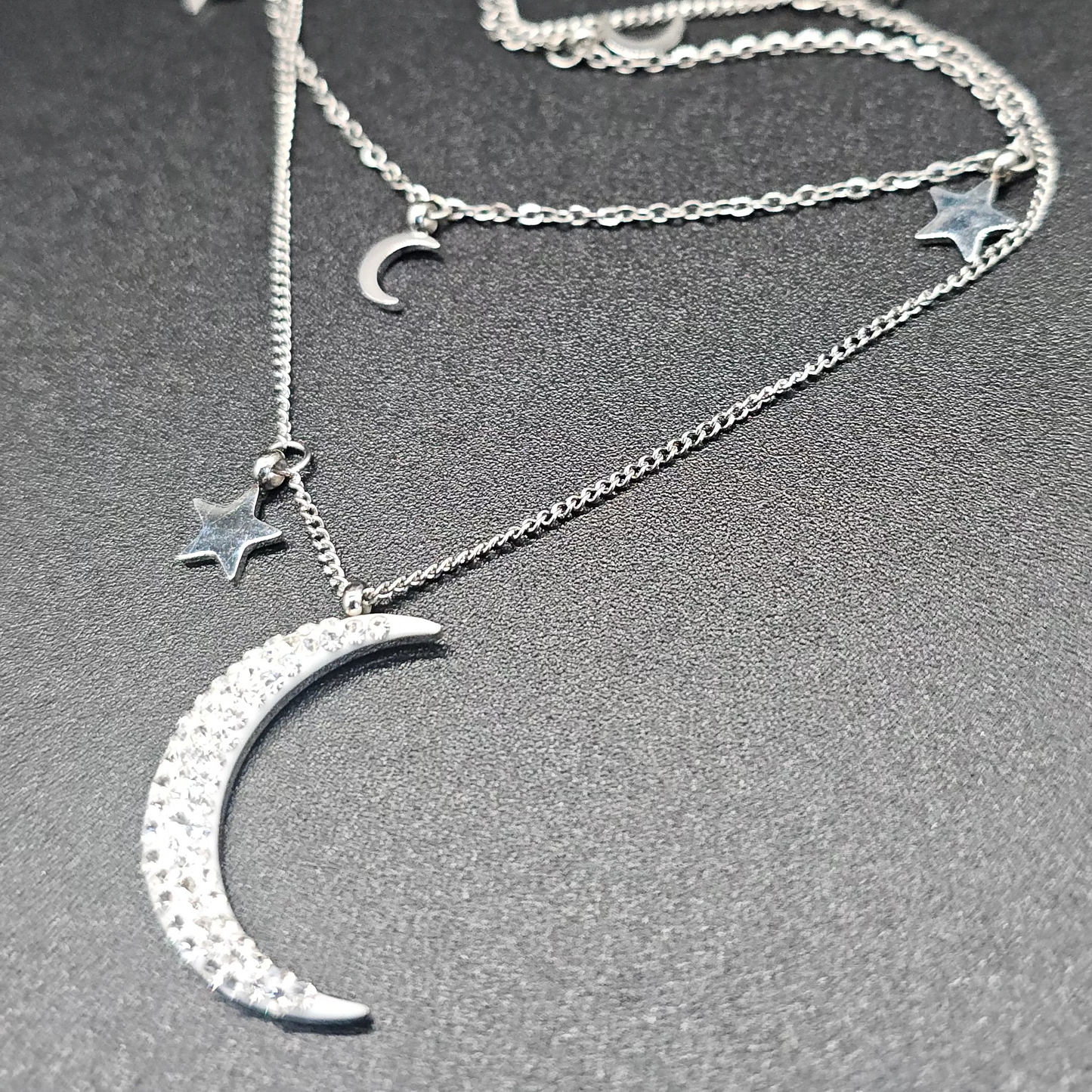 Collier Lune & Étoiles Argenté – Chaîne double en acier inoxydable