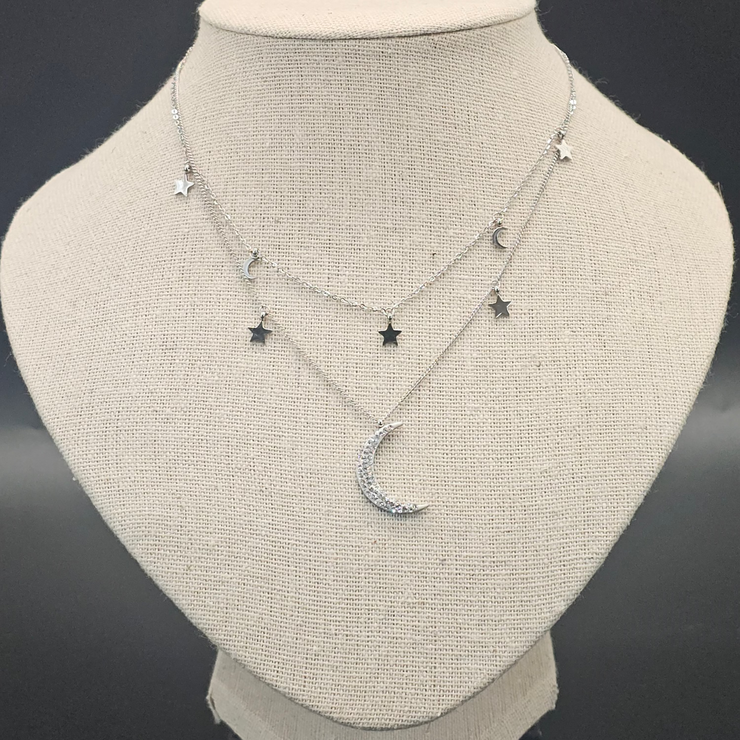 Collier Lune & Étoiles Argenté – Chaîne double en acier inoxydable