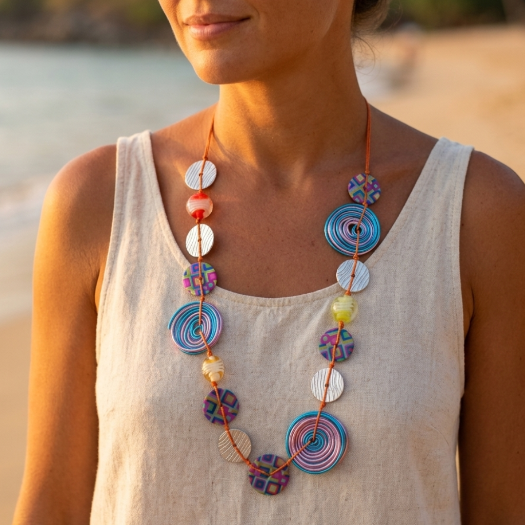 Bohemian necklace and earrings set – colourful enamel & waxed cotton discs