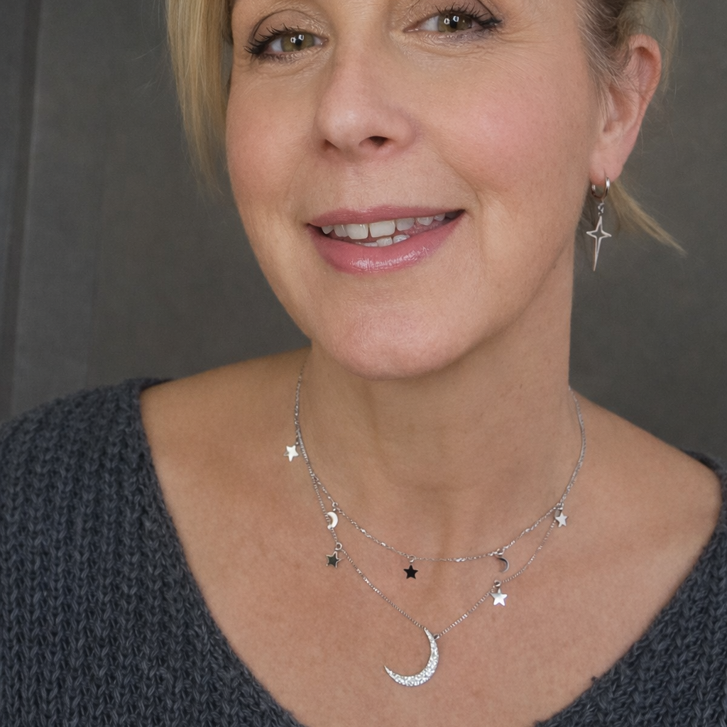 Collier Lune & Étoiles Argenté – Chaîne double en acier inoxydable