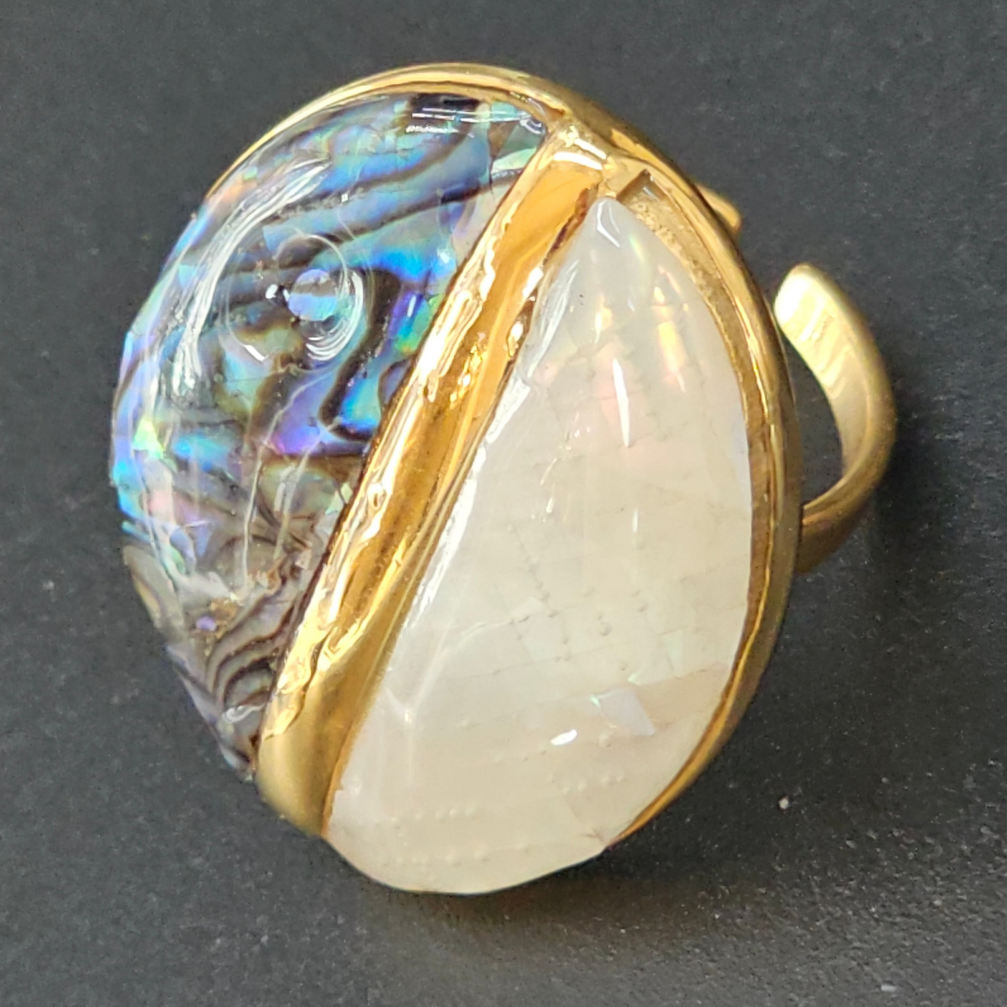 Bague ajustable ovale nacrée – acier inoxydable doré