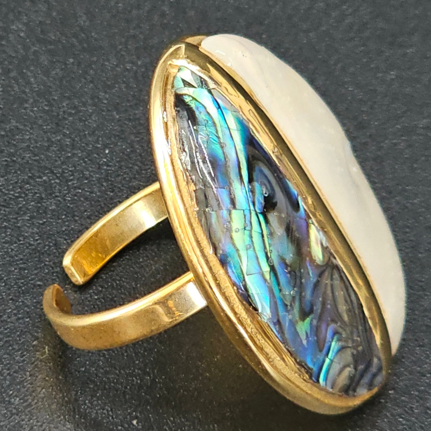 Bague ajustable ovale nacrée – acier inoxydable doré