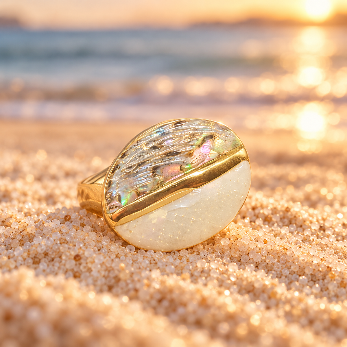 Bague ajustable ovale nacrée – acier inoxydable doré