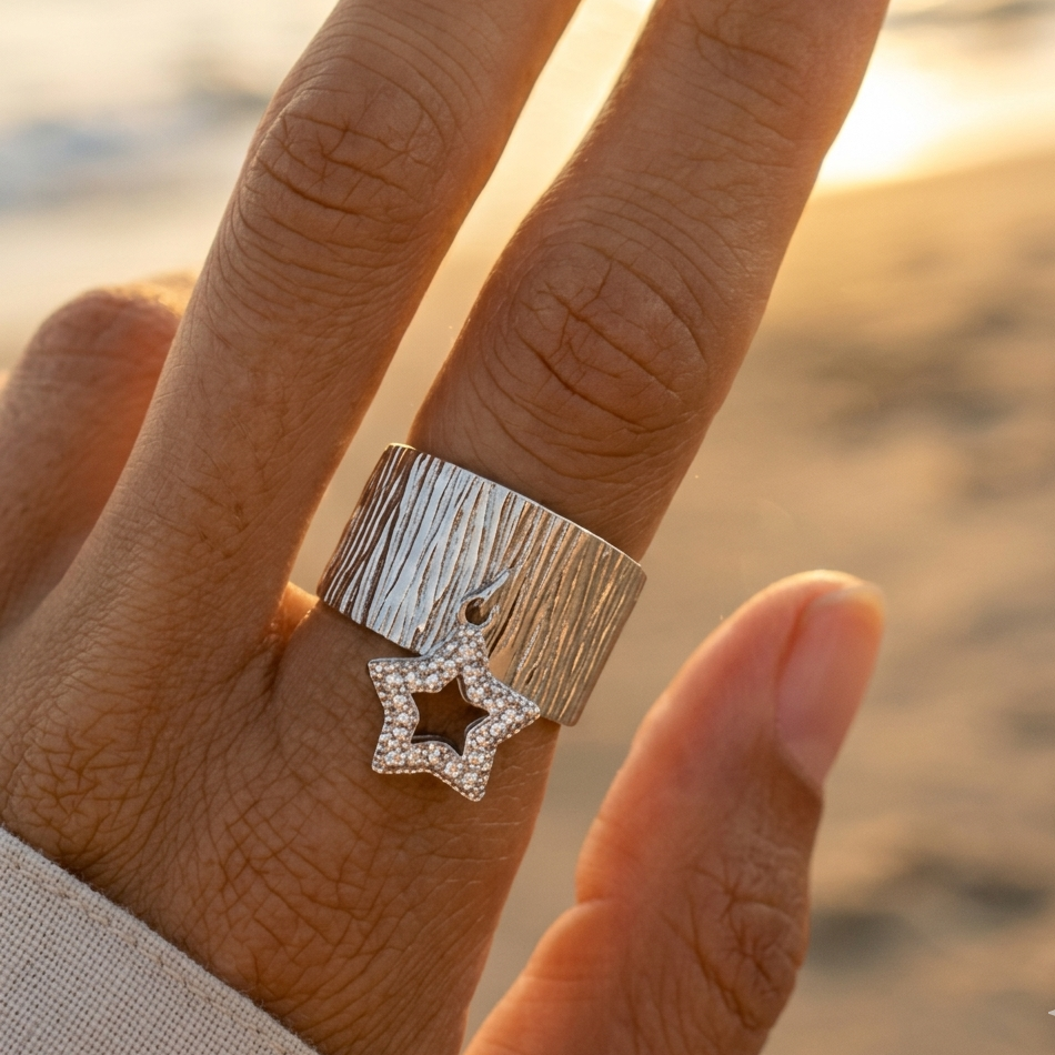 Wide ring, gold or silver stainless steel – openwork star & rhinestones