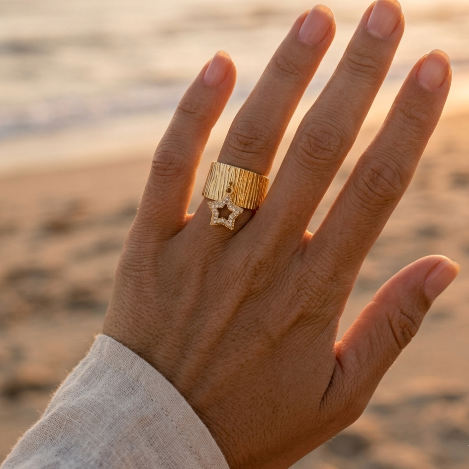 Wide ring, gold or silver stainless steel – openwork star & rhinestones
