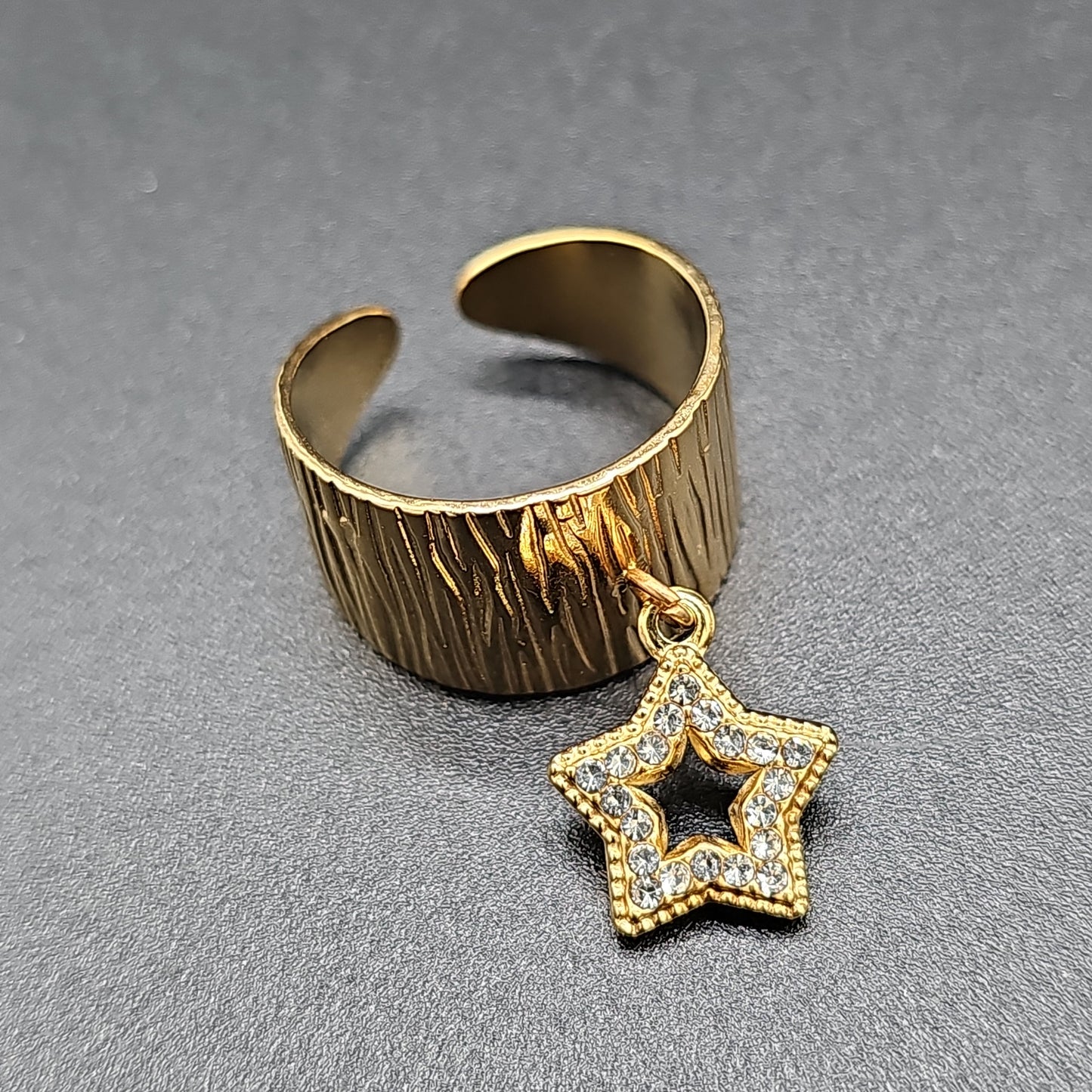 Wide ring, gold or silver stainless steel – openwork star & rhinestones