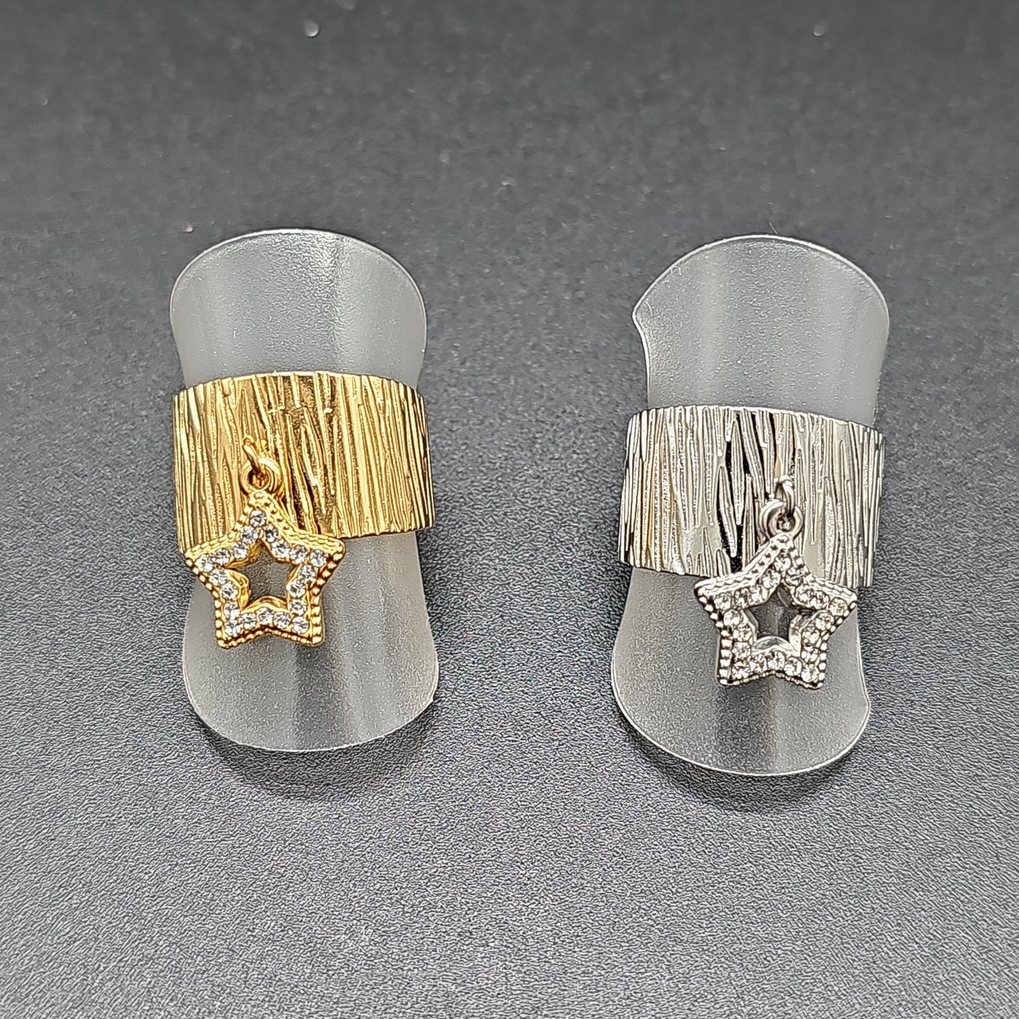 Wide ring, gold or silver stainless steel – openwork star & rhinestones