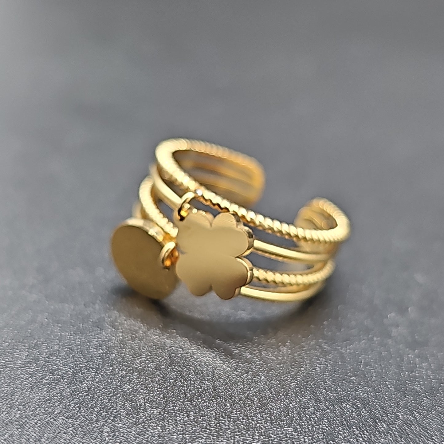 Adjustable gold-plated ring – Multi-hoop, stainless steel, clover & disc