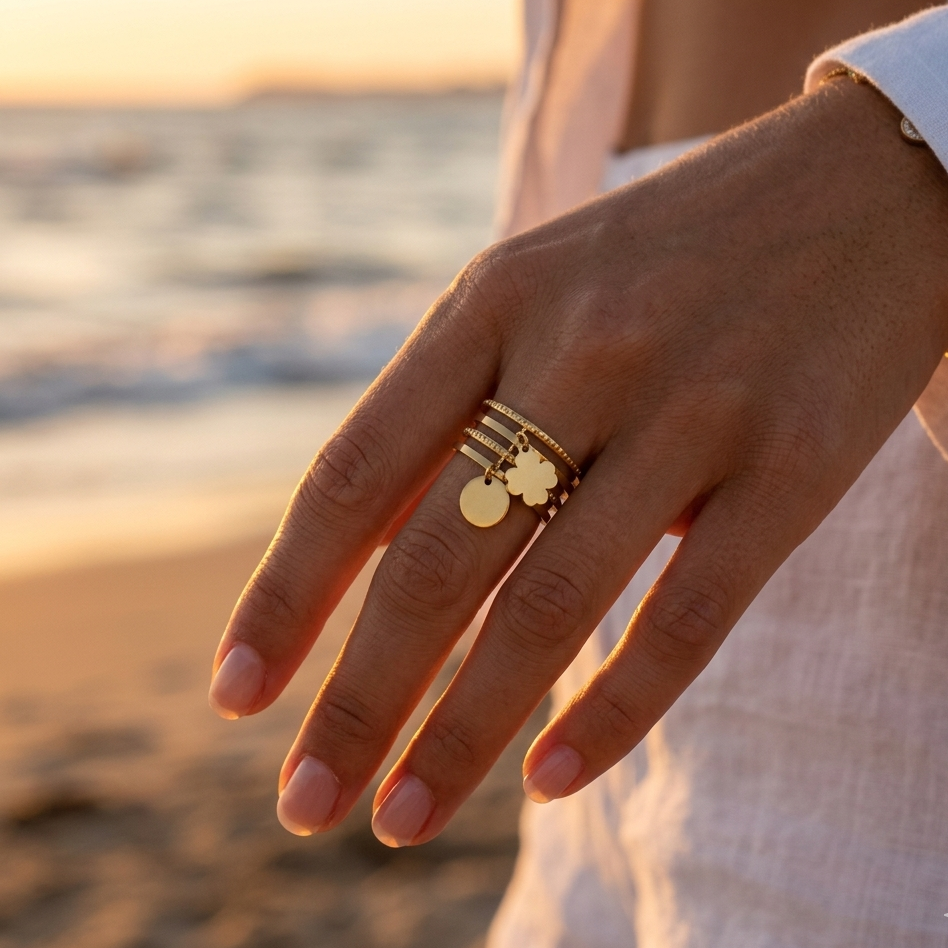 Adjustable gold-plated ring – Multi-hoop, stainless steel, clover & disc