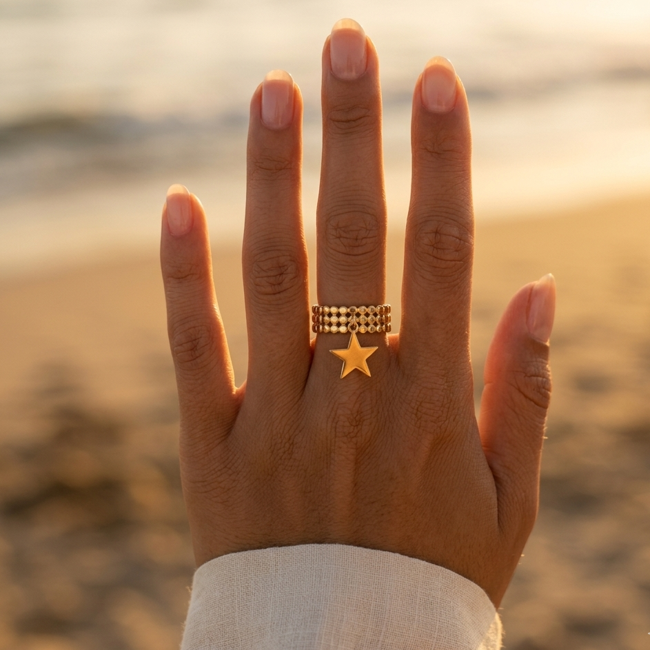 Adjustable triple gold-plated ring - Beaded rings & star