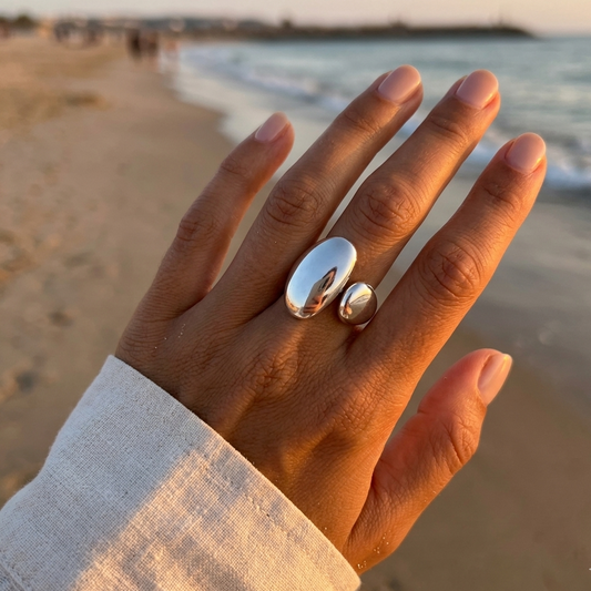 Bague Galet Argentée – Acier Inoxydable