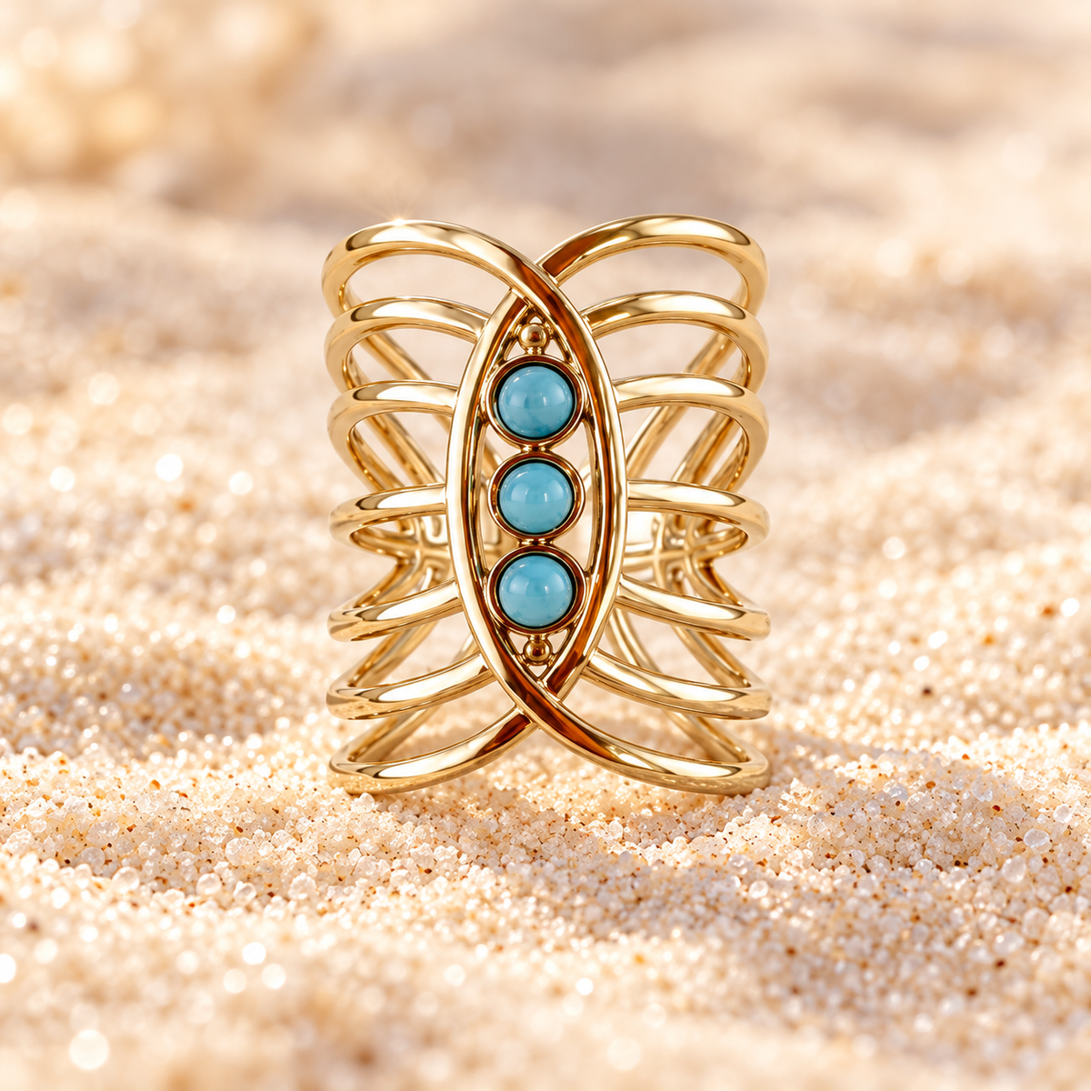 Grande bague ajustable dorée 3 perles turquoise – acier inoxydable