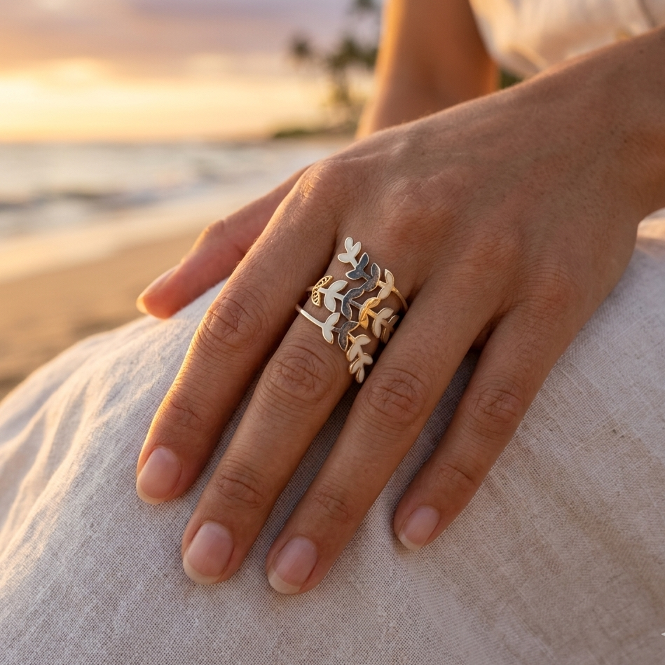 Triple row adjustable olive leaf ring - gold or silver stainless steel