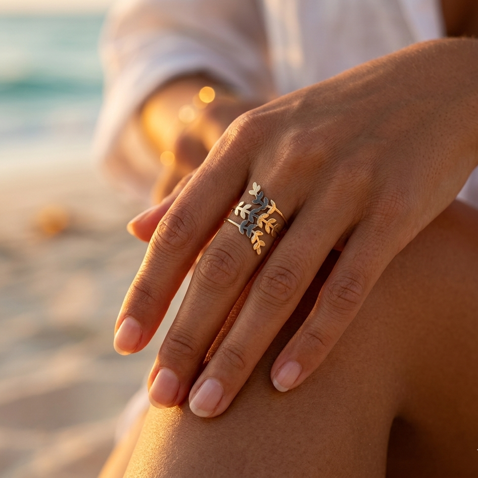 Triple row adjustable olive leaf ring - gold or silver stainless steel