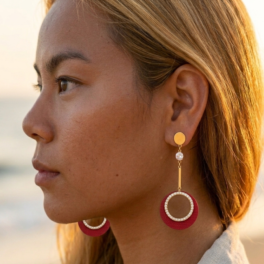 Boucles pendantes pierre lune & anneau – acier inoxydable doré
