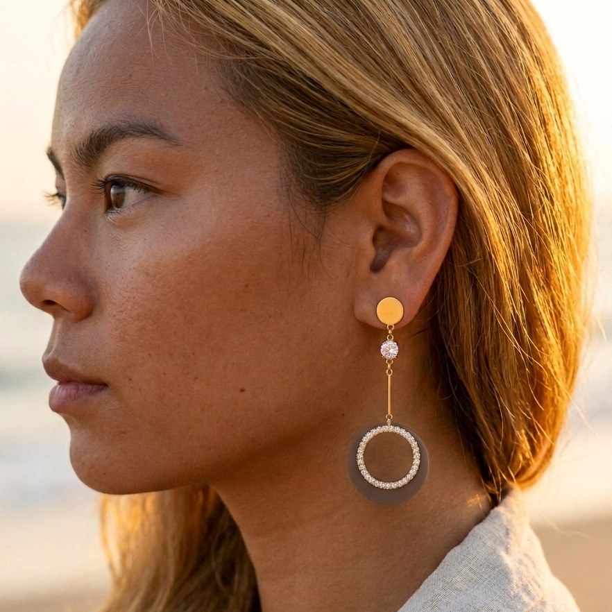 Boucles pendantes pierre lune & anneau – acier inoxydable doré