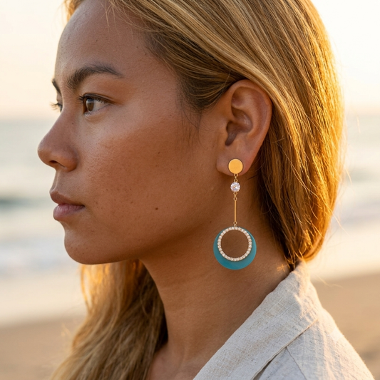 Boucles pendantes pierre lune & anneau – acier inoxydable doré