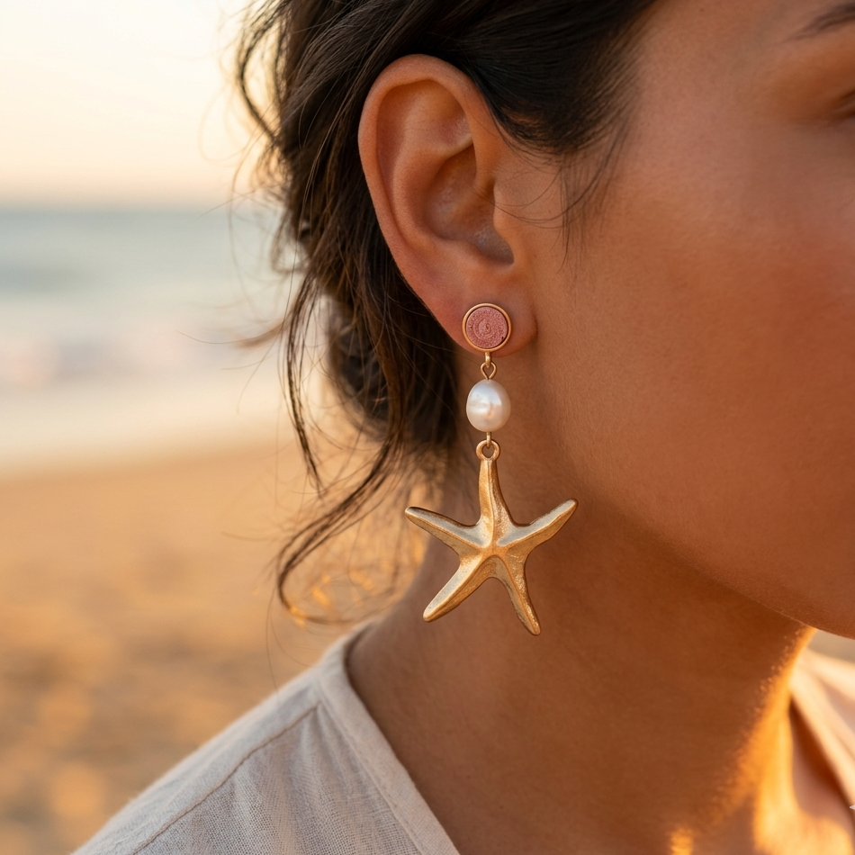 Gold-plated steel drop earrings with colored suede disc, freshwater pearl & starfish