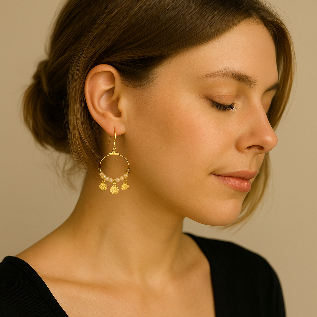 Femme portant des boucles créoles dorées en acier inoxydable avec pampilles et perles – Bijoux Nice
