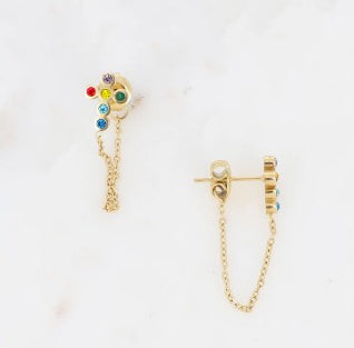 Boucles d’oreilles dorées avec strass multicolores et fine chaînette – Bijoux Nice