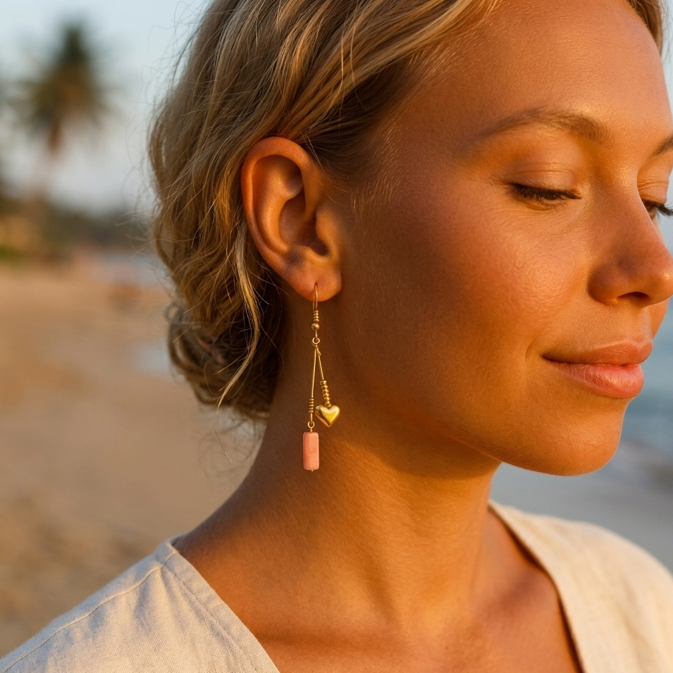 Gold-plated heart earrings with pink natural stone – stainless steel