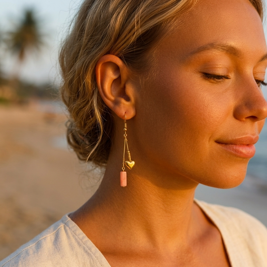 Gold-plated heart earrings with pink natural stone – stainless steel