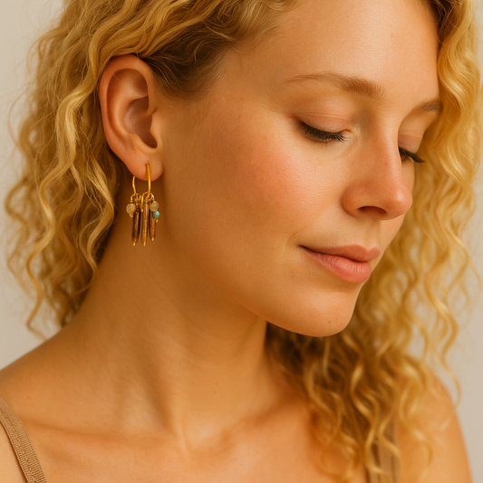 Femme blonde aux cheveux bouclés portant des boucles d’oreilles dorées en acier inoxydable avec pierres naturelles brun doré – Bijoux Nice