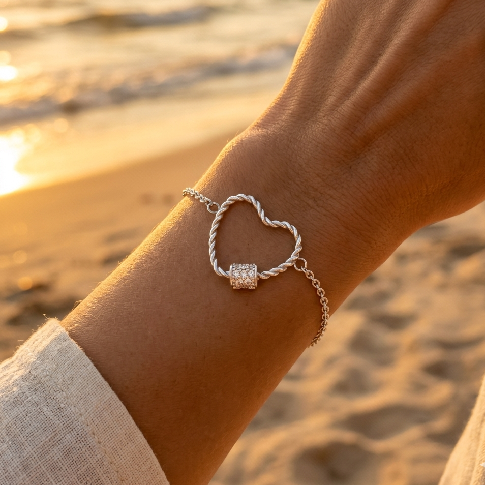 Silver stainless steel twisted heart rhinestone fine cable chain bracelet
