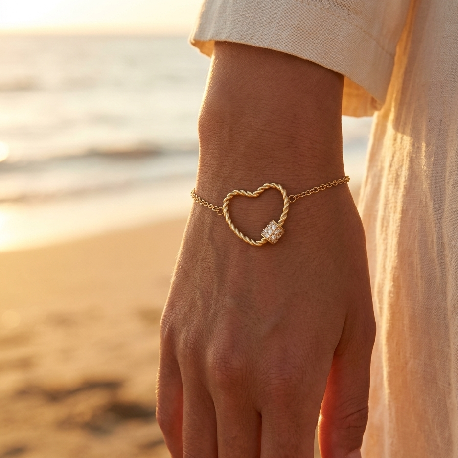 Lilas de Seine Gold-Plated Steel Bracelet with Openwork Twisted Heart and Rhinestones