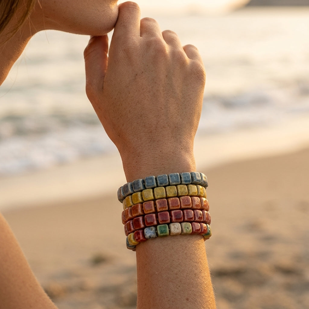 Bracelet élastique perles carrées céramique 6 mm – plusieurs couleurs