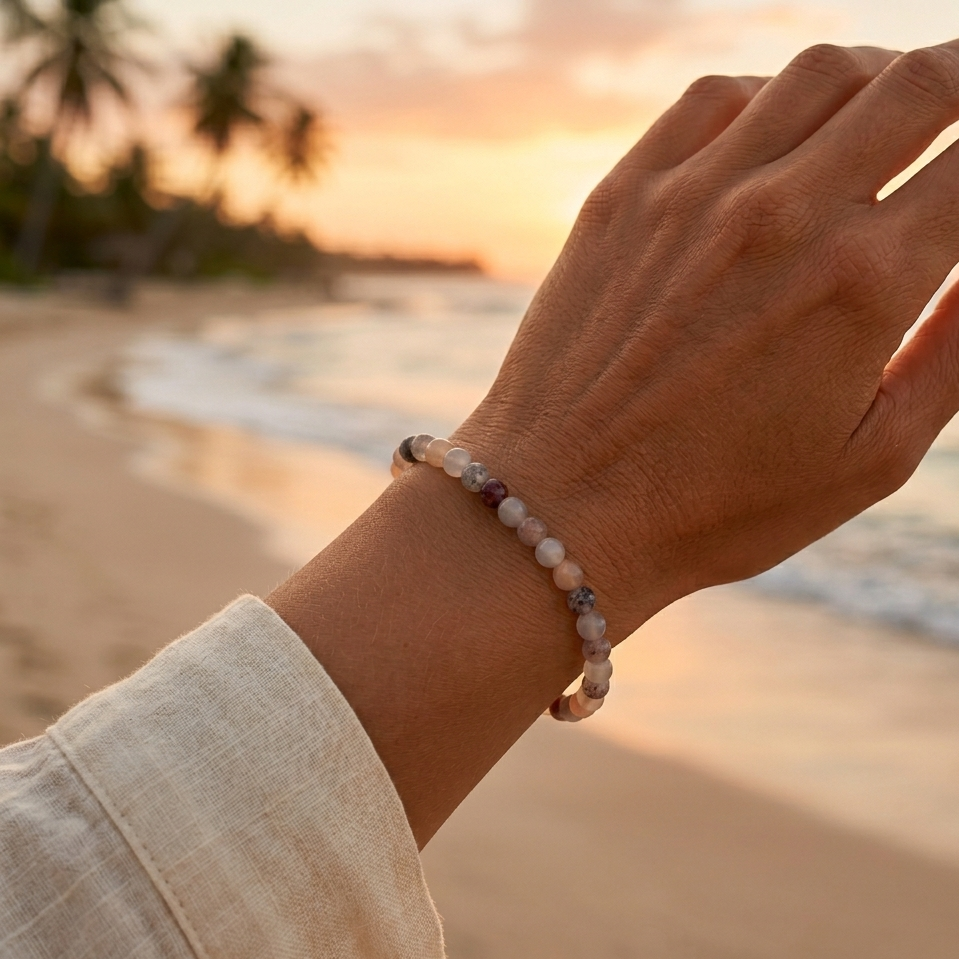 Elastic bracelet with natural beige beads – Bohemian, chic and soothing style