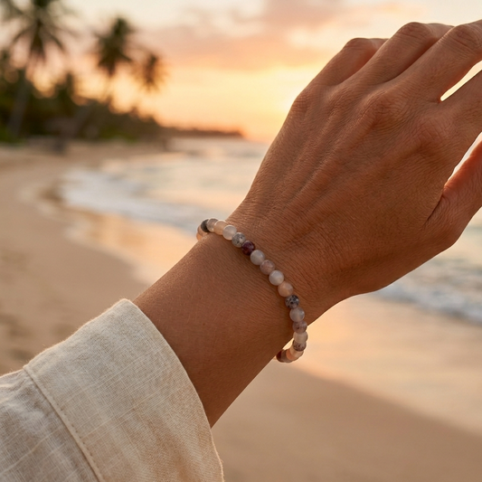 Elastic bracelet with natural beige beads – Bohemian, chic and soothing style