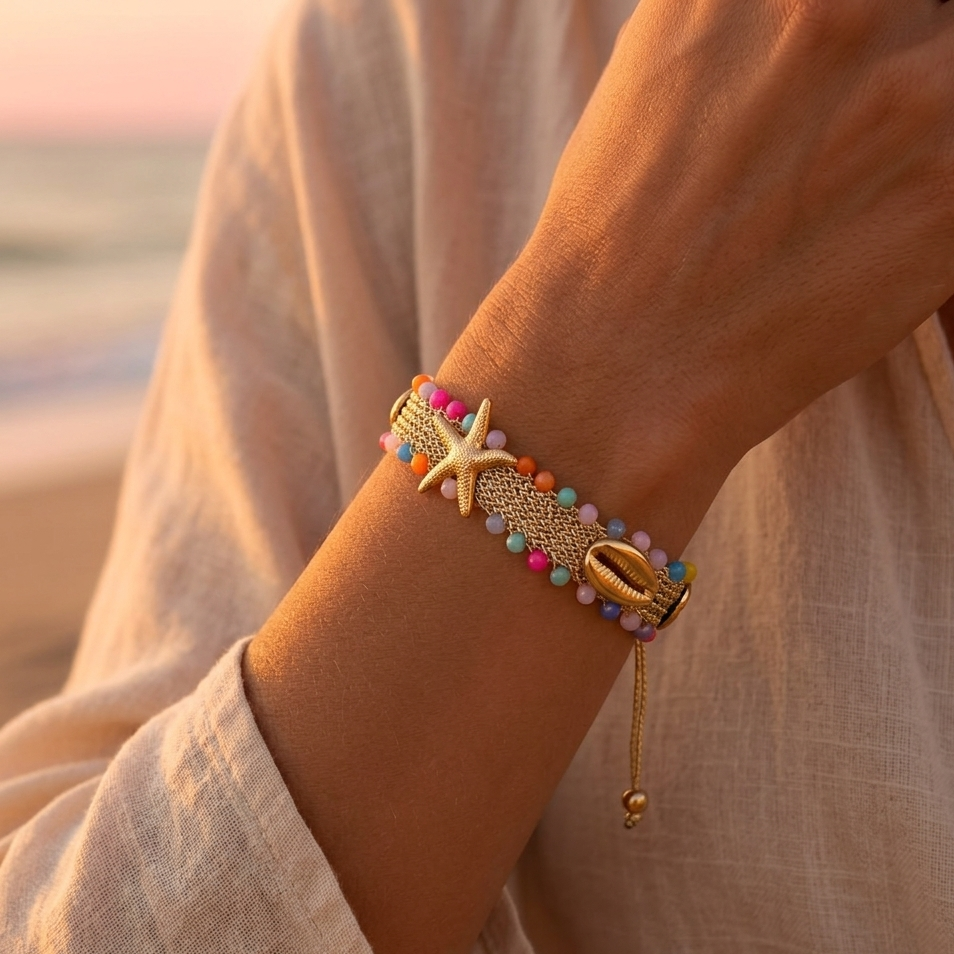 Bracelet Marin Doré – Étoile de Mer et Pierres Multicolores