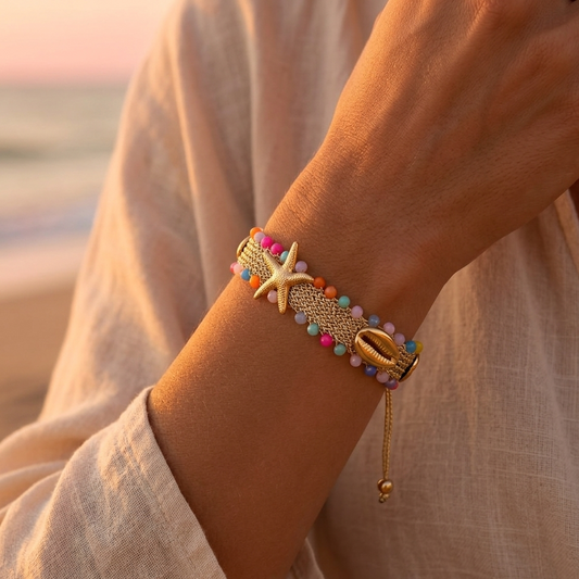 Bracelet Marin Doré – Étoile de Mer et Pierres Multicolores